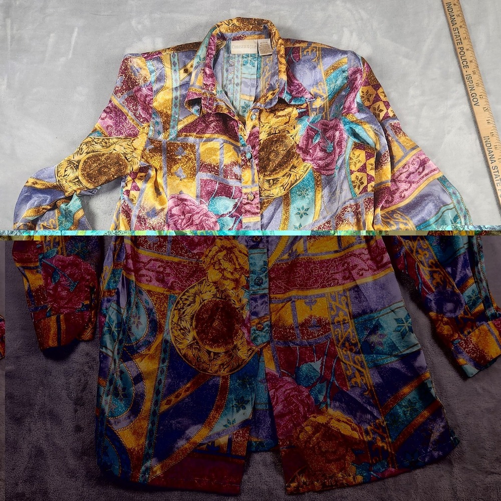 Christie & Jill Blouse Womens M Patchwork Satin Colorful Electric Vintage‎ 80s